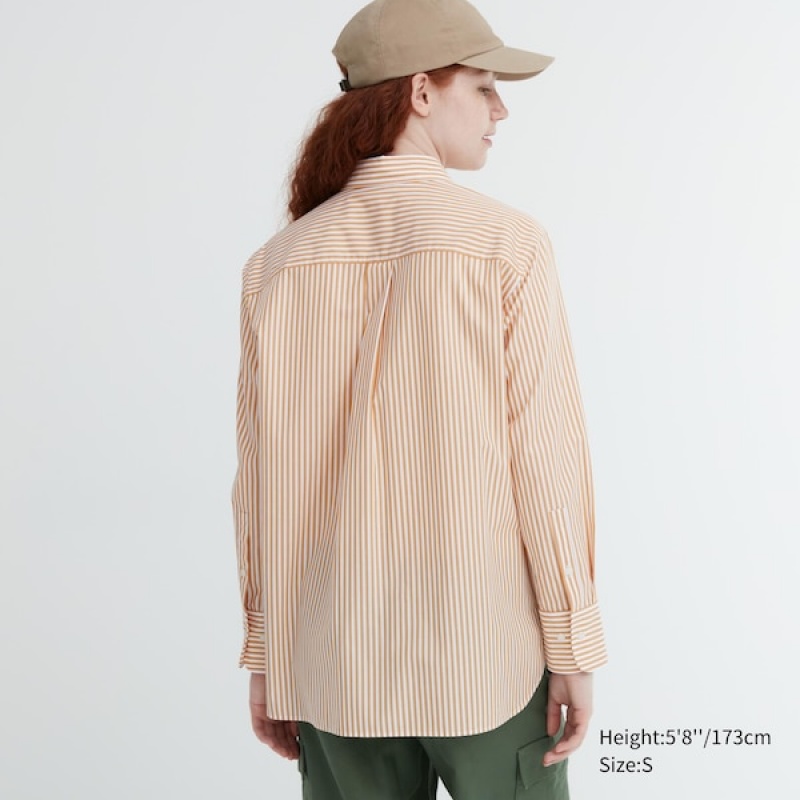 Uniqlo Cotton Prugasta Long-Sleeve Ženske Košulje Žute | 1287-LIRDE