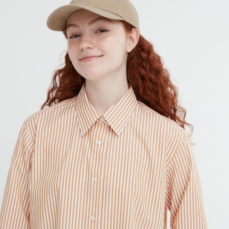 Uniqlo Cotton Prugasta Long-Sleeve Ženske Košulje Žute | 1287-LIRDE
