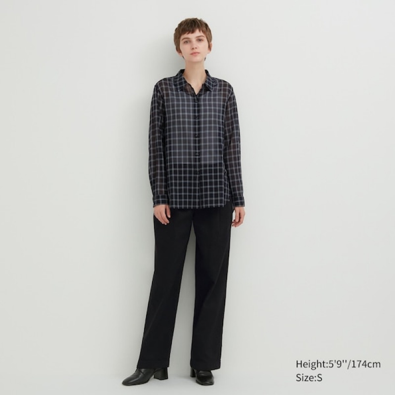 Uniqlo Cotton Sheer Checked Long-Sleeve Ženske Košulje Crne | 0736-DTFAI