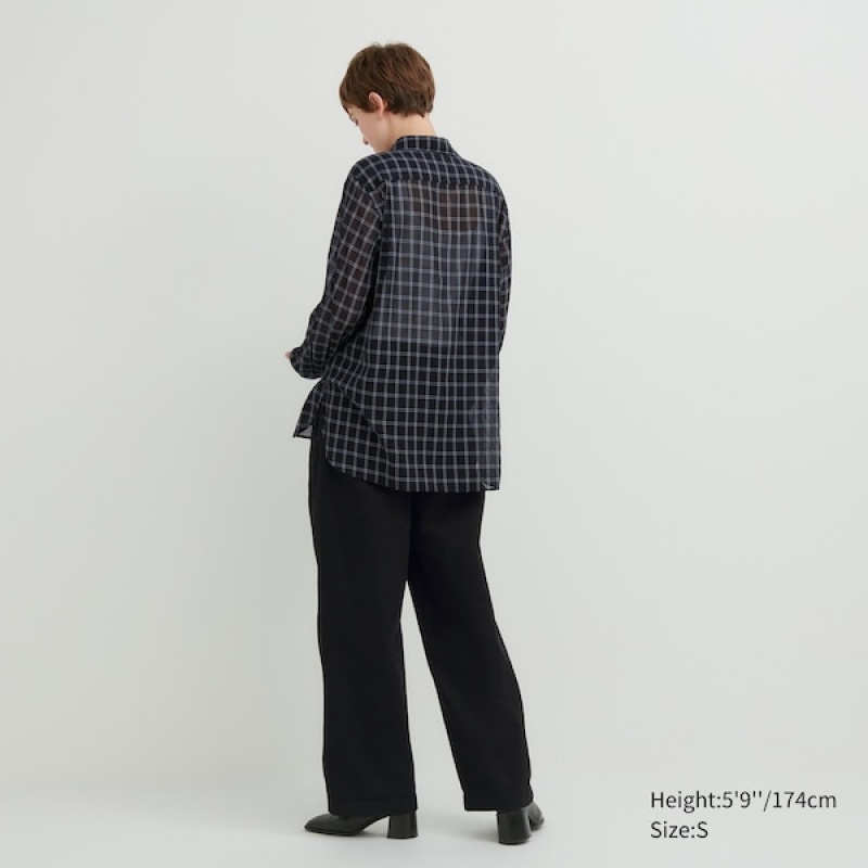 Uniqlo Cotton Sheer Checked Long-Sleeve Ženske Košulje Crne | 0736-DTFAI