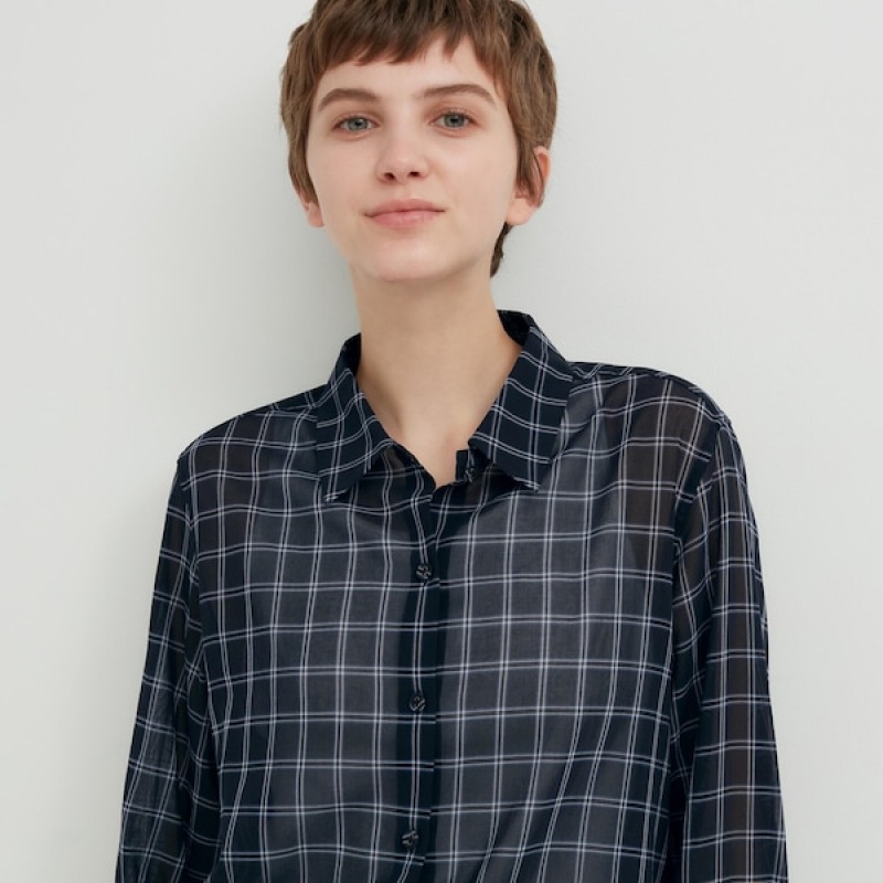 Uniqlo Cotton Sheer Checked Long-Sleeve Ženske Košulje Crne | 0736-DTFAI