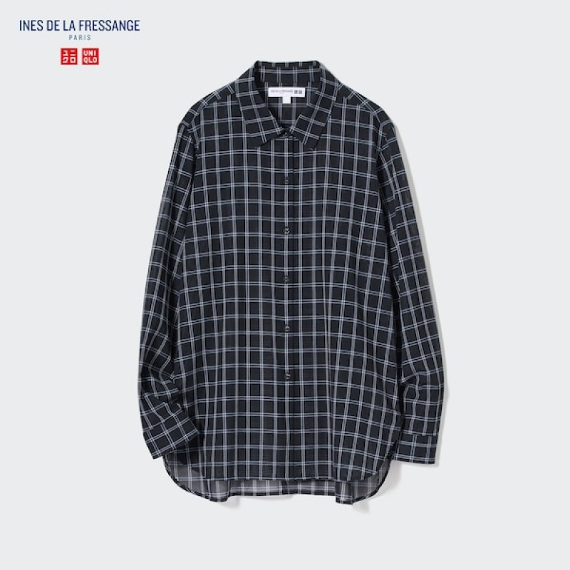 Uniqlo Cotton Sheer Checked Long-Sleeve Ženske Košulje Crne | 0736-DTFAI