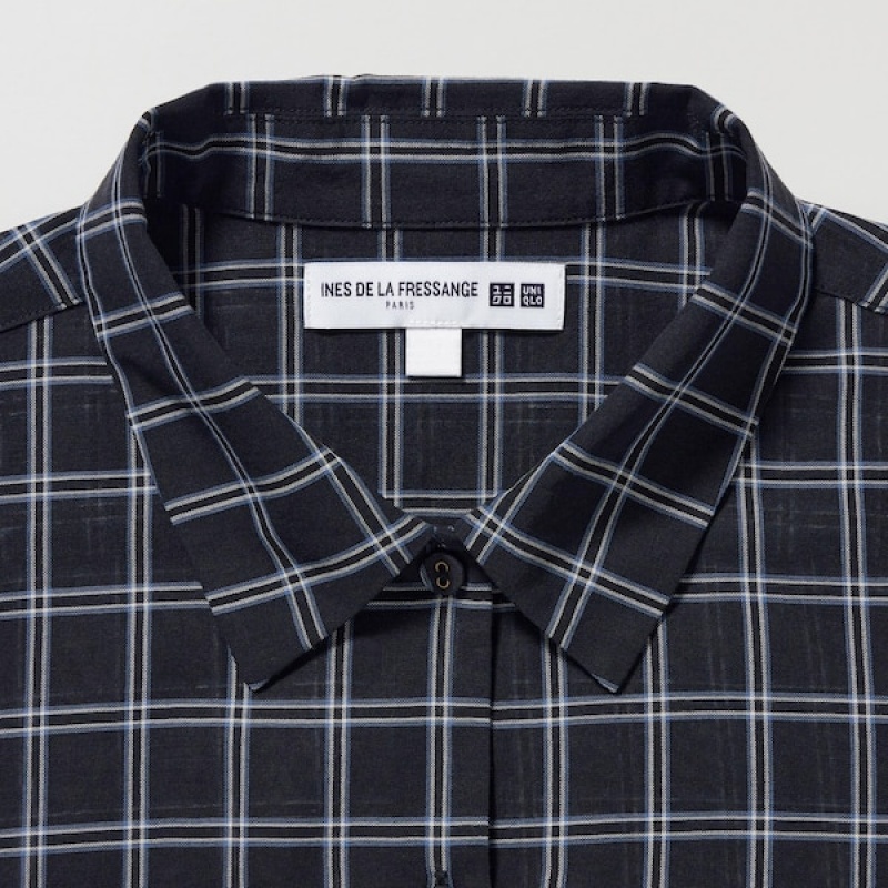 Uniqlo Cotton Sheer Checked Long-Sleeve Ženske Košulje Crne | 0736-DTFAI