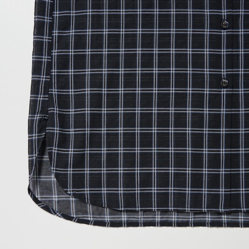 Uniqlo Cotton Sheer Checked Long-Sleeve Ženske Košulje Crne | 0736-DTFAI