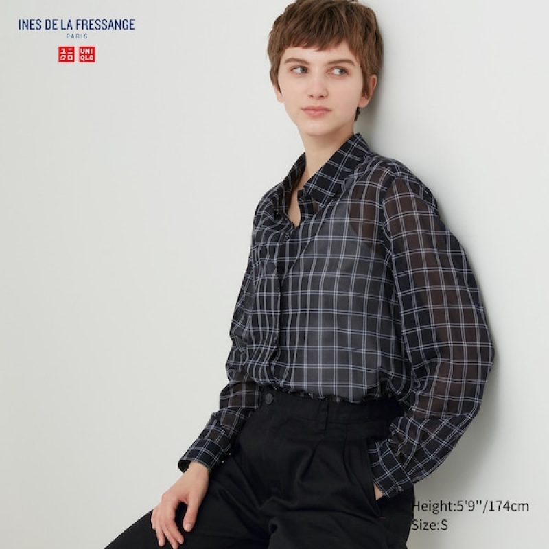 Uniqlo Cotton Sheer Checked Long-Sleeve Ženske Košulje Crne | 0736-DTFAI