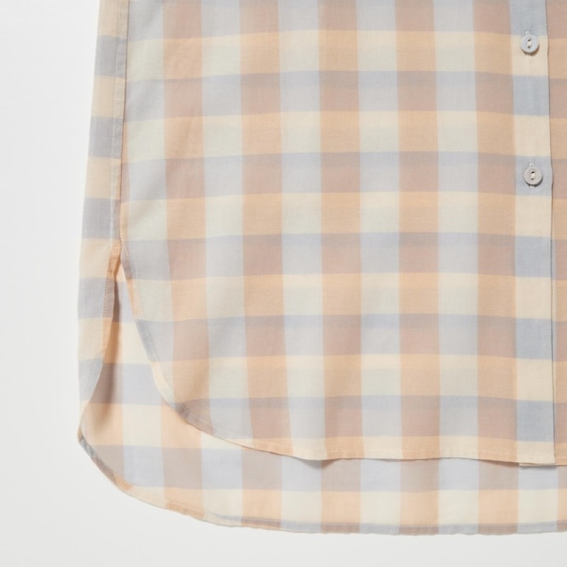 Uniqlo Cotton Sheer Checked Long-Sleeve Ženske Košulje Bež | 9457-IYKCG