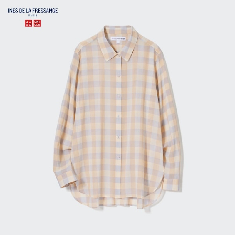 Uniqlo Cotton Sheer Checked Long-Sleeve Ženske Košulje Bež | 9457-IYKCG