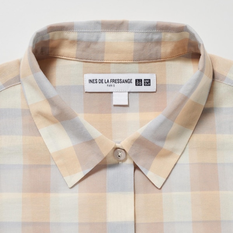 Uniqlo Cotton Sheer Checked Long-Sleeve Ženske Košulje Bež | 9457-IYKCG