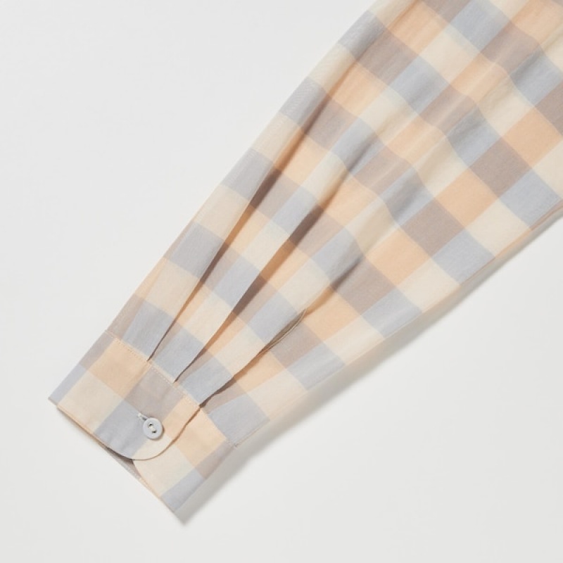 Uniqlo Cotton Sheer Checked Long-Sleeve Ženske Košulje Bež | 9457-IYKCG