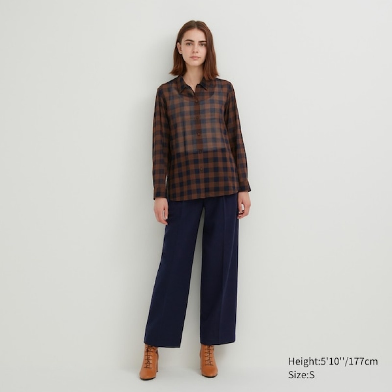 Uniqlo Cotton Sheer Checked Long-Sleeve Ženske Košulje Tamno Smeđe | 3094-VDBTK