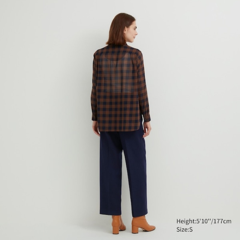 Uniqlo Cotton Sheer Checked Long-Sleeve Ženske Košulje Tamno Smeđe | 3094-VDBTK