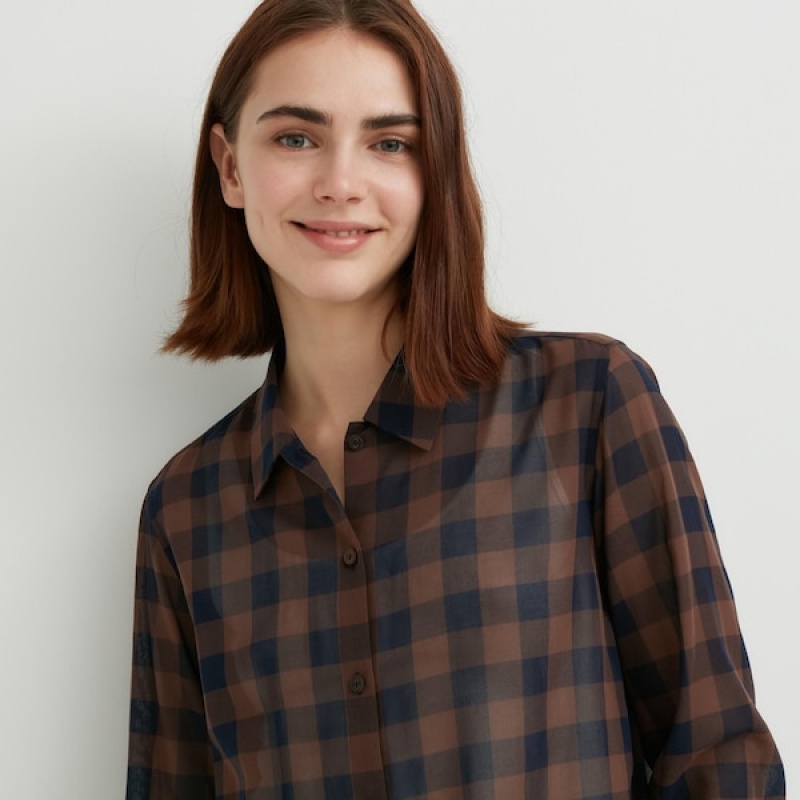 Uniqlo Cotton Sheer Checked Long-Sleeve Ženske Košulje Tamno Smeđe | 3094-VDBTK