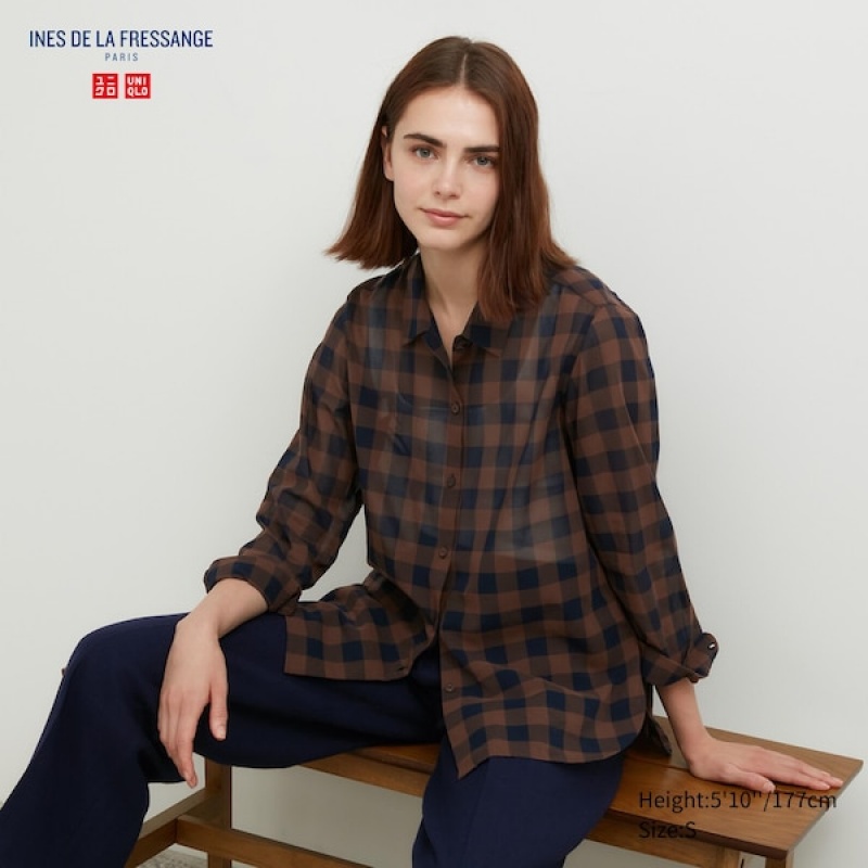 Uniqlo Cotton Sheer Checked Long-Sleeve Ženske Košulje Tamno Smeđe | 3094-VDBTK