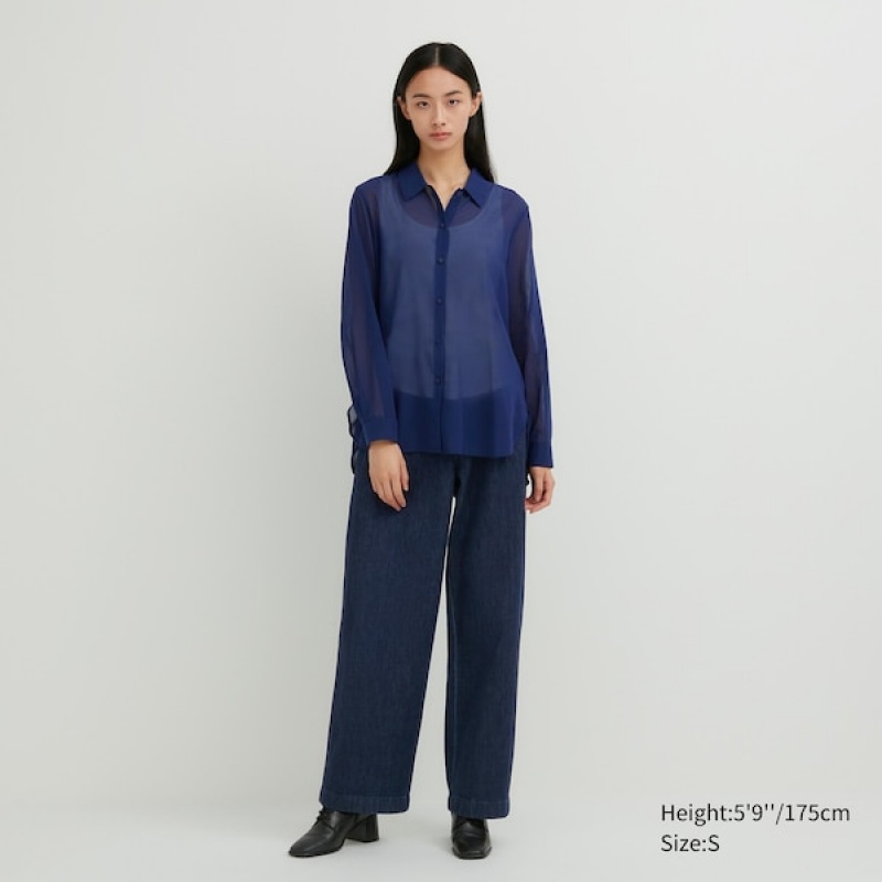 Uniqlo Cotton Sheer Long-Sleeve Ženske Košulje Plave | 3415-CSZDK