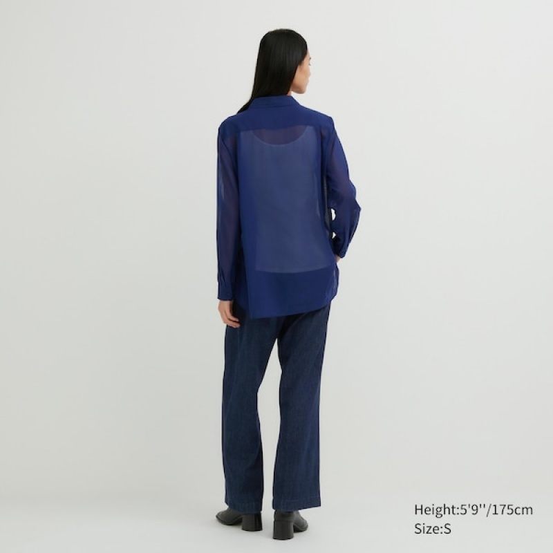 Uniqlo Cotton Sheer Long-Sleeve Ženske Košulje Plave | 3415-CSZDK