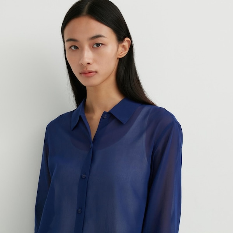 Uniqlo Cotton Sheer Long-Sleeve Ženske Košulje Plave | 3415-CSZDK