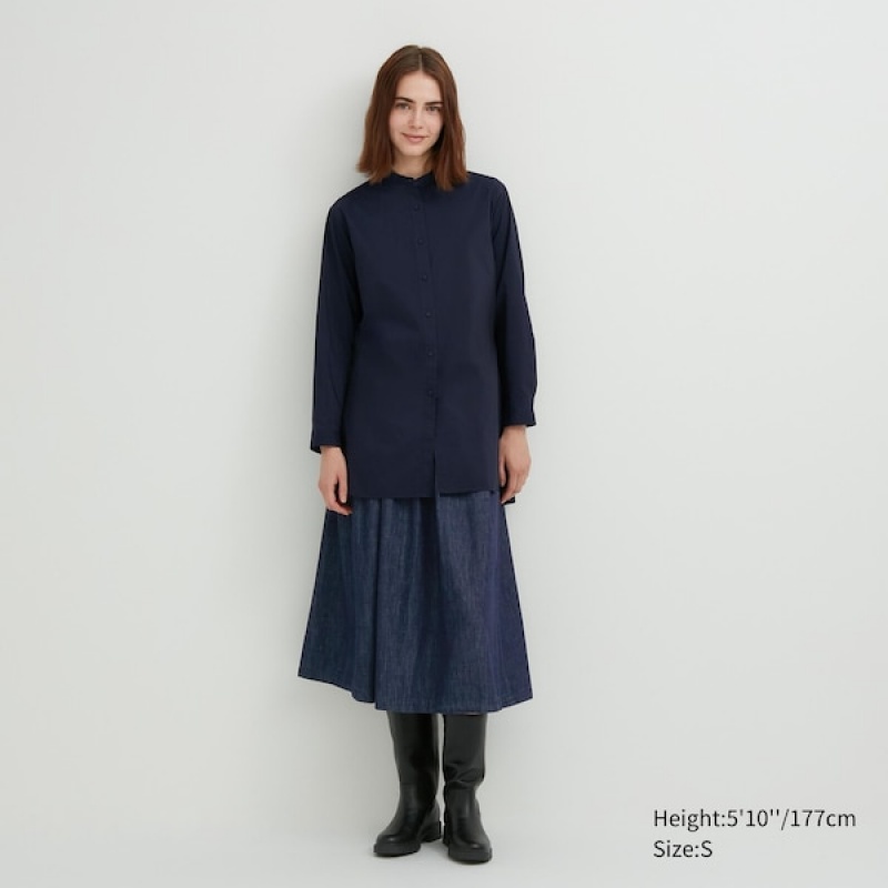 Uniqlo Cotton Silk Long-Sleeve Tunic Ženske Košulje Tamnoplave | 3508-ZWQLE