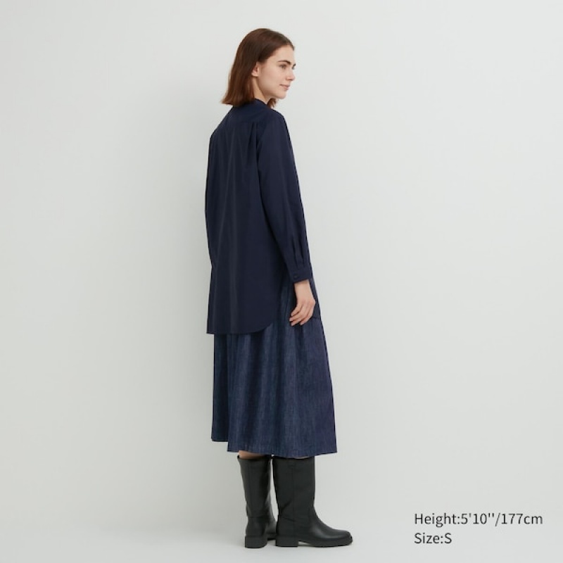 Uniqlo Cotton Silk Long-Sleeve Tunic Ženske Košulje Tamnoplave | 3508-ZWQLE