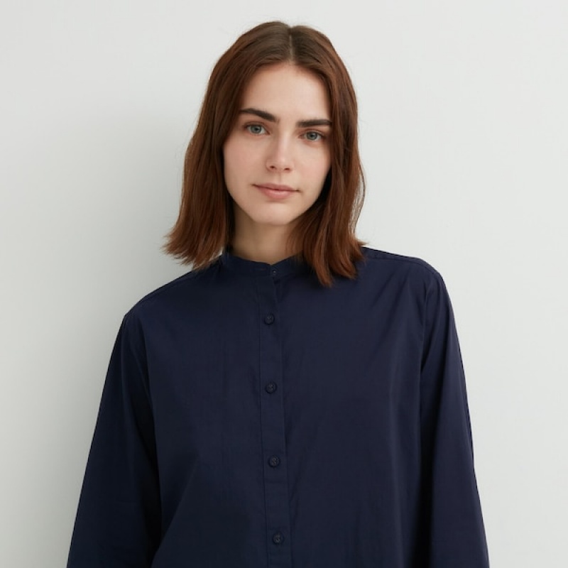 Uniqlo Cotton Silk Long-Sleeve Tunic Ženske Košulje Tamnoplave | 3508-ZWQLE