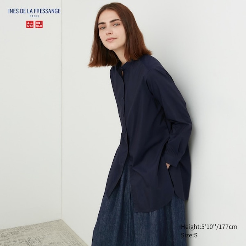 Uniqlo Cotton Silk Long-Sleeve Tunic Ženske Košulje Tamnoplave | 3508-ZWQLE