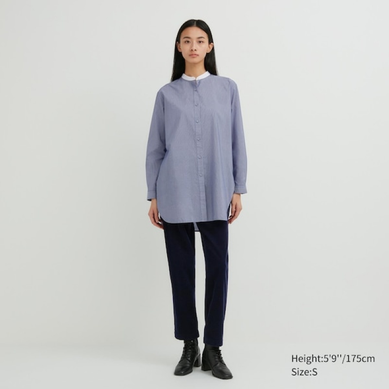 Uniqlo Cotton Silk Long-Sleeve Tunic Ženske Košulje Plave | 9281-GRAVK