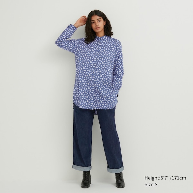Uniqlo Cotton Silk Long-Sleeve Tunic Ženske Košulje Plave | 6739-XNKWJ