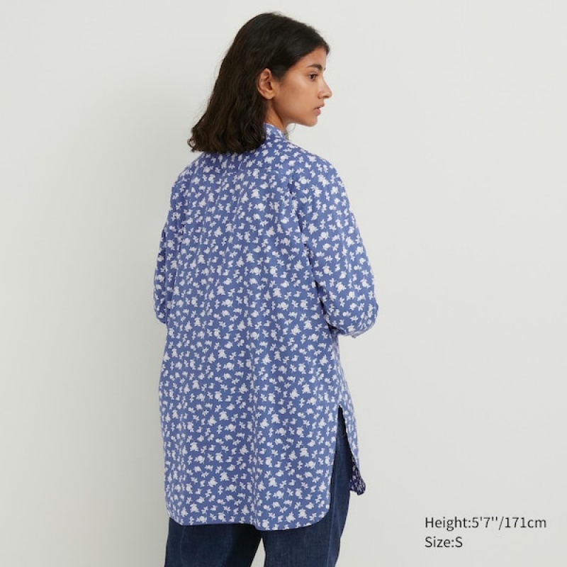 Uniqlo Cotton Silk Long-Sleeve Tunic Ženske Košulje Plave | 6739-XNKWJ