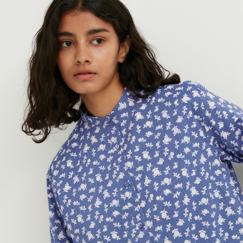 Uniqlo Cotton Silk Long-Sleeve Tunic Ženske Košulje Plave | 6739-XNKWJ