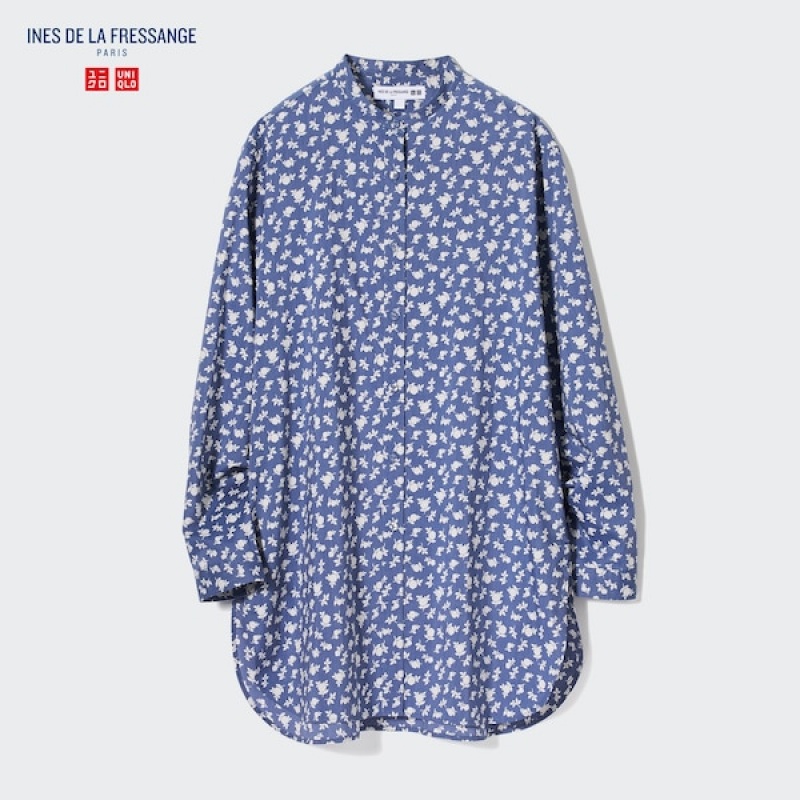 Uniqlo Cotton Silk Long-Sleeve Tunic Ženske Košulje Plave | 6739-XNKWJ