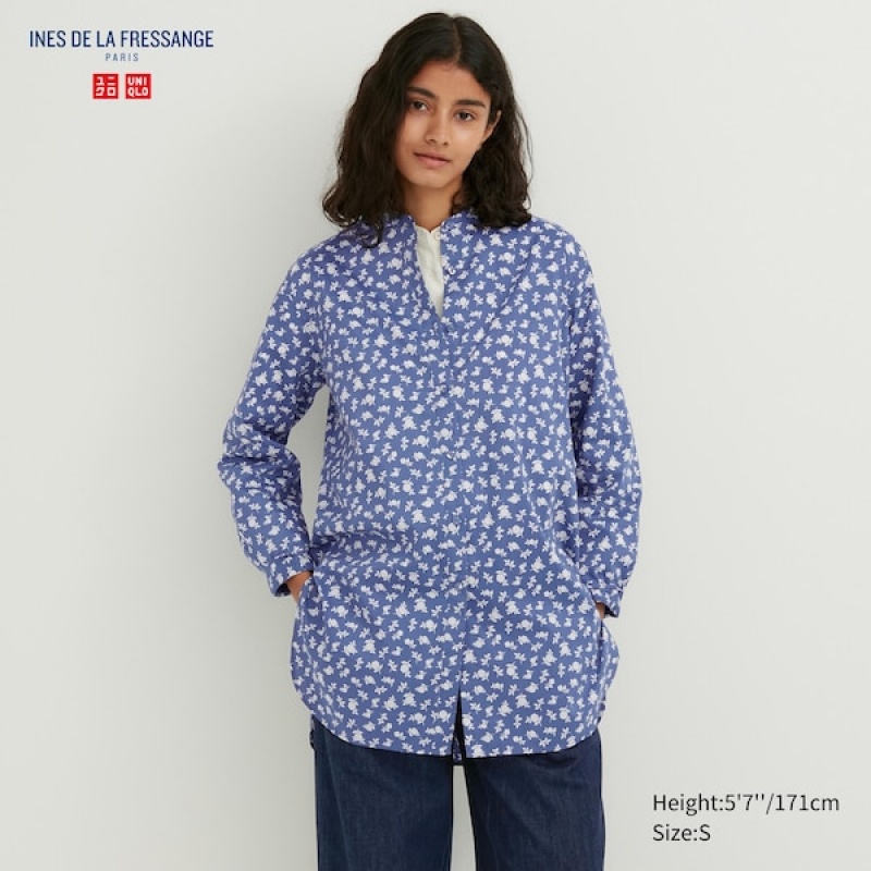 Uniqlo Cotton Silk Long-Sleeve Tunic Ženske Košulje Plave | 6739-XNKWJ
