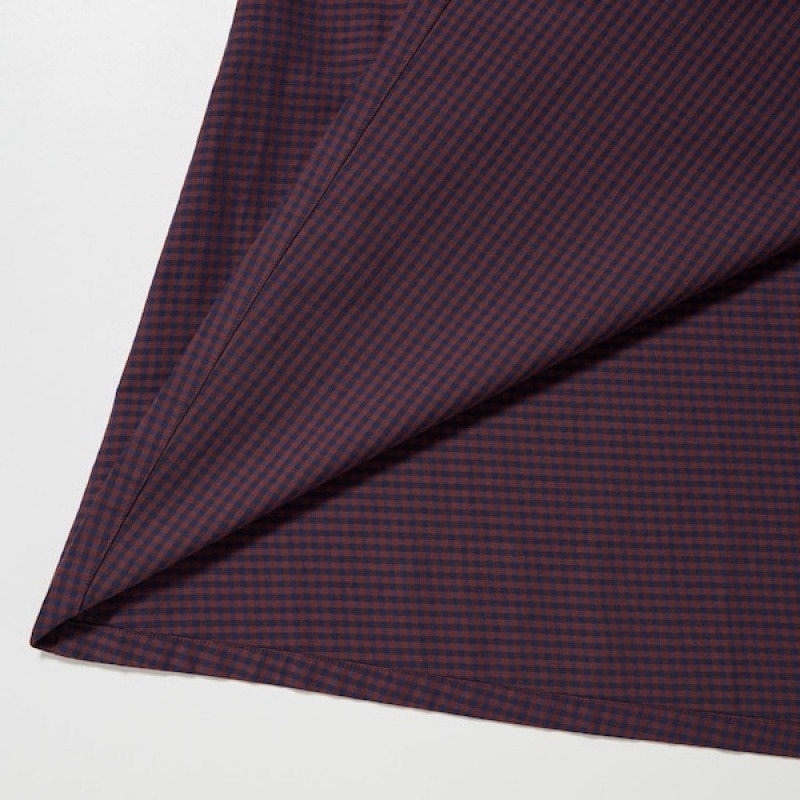 Uniqlo Cotton Twill Checked Volume Sleeve Long Ženske Haljina Smeđe | 1572-AOQPN
