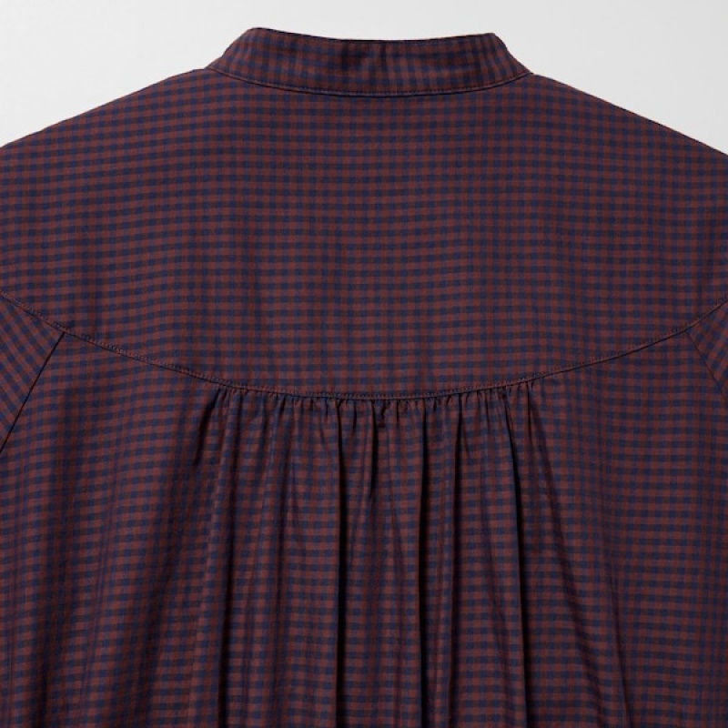 Uniqlo Cotton Twill Checked Volume Sleeve Long Ženske Haljina Smeđe | 1572-AOQPN