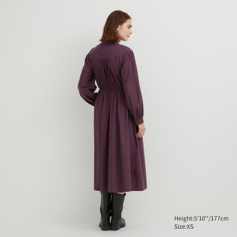 Uniqlo Cotton Twill Checked Volume Sleeve Long Ženske Haljina Smeđe | 1572-AOQPN