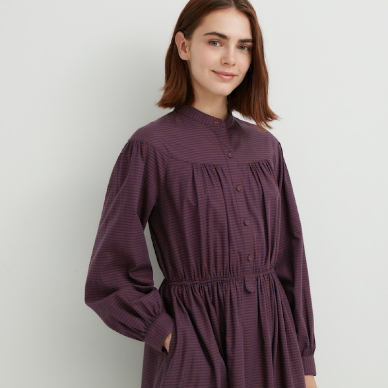 Uniqlo Cotton Twill Checked Volume Sleeve Long Ženske Haljina Smeđe | 1572-AOQPN