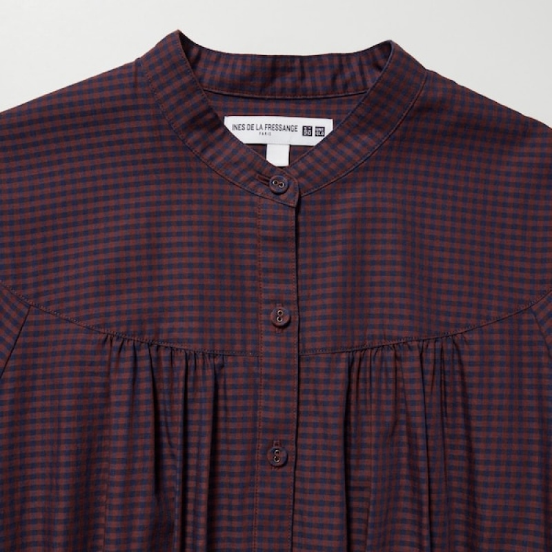 Uniqlo Cotton Twill Checked Volume Sleeve Long Ženske Haljina Smeđe | 1572-AOQPN