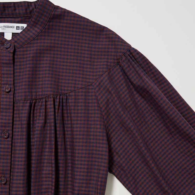 Uniqlo Cotton Twill Checked Volume Sleeve Long Ženske Haljina Smeđe | 1572-AOQPN