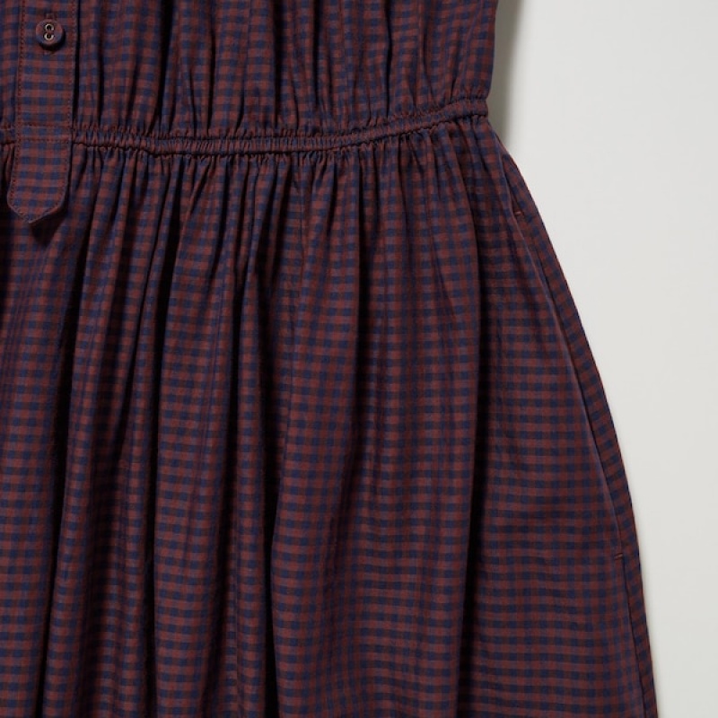 Uniqlo Cotton Twill Checked Volume Sleeve Long Ženske Haljina Smeđe | 1572-AOQPN