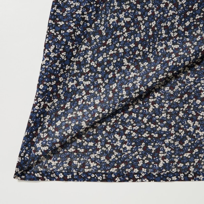 Uniqlo Cotton Twill Printed Volume Sleeve Long Ženske Haljina Plave | 8671-YNPRE