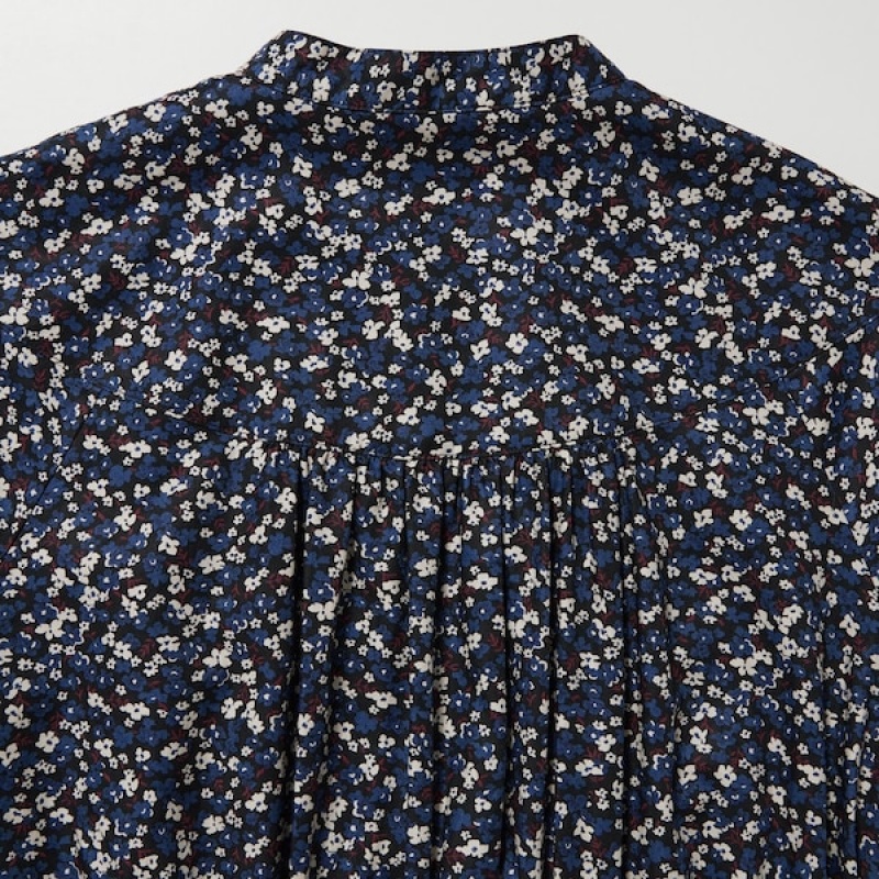 Uniqlo Cotton Twill Printed Volume Sleeve Long Ženske Haljina Plave | 8671-YNPRE