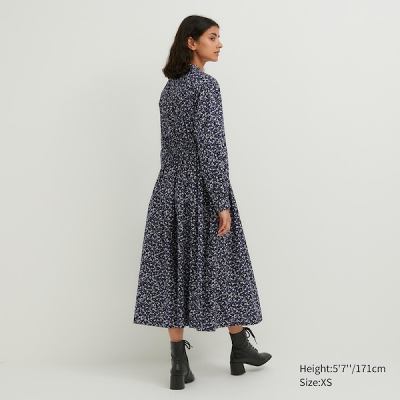 Uniqlo Cotton Twill Printed Volume Sleeve Long Ženske Haljina Plave | 8671-YNPRE