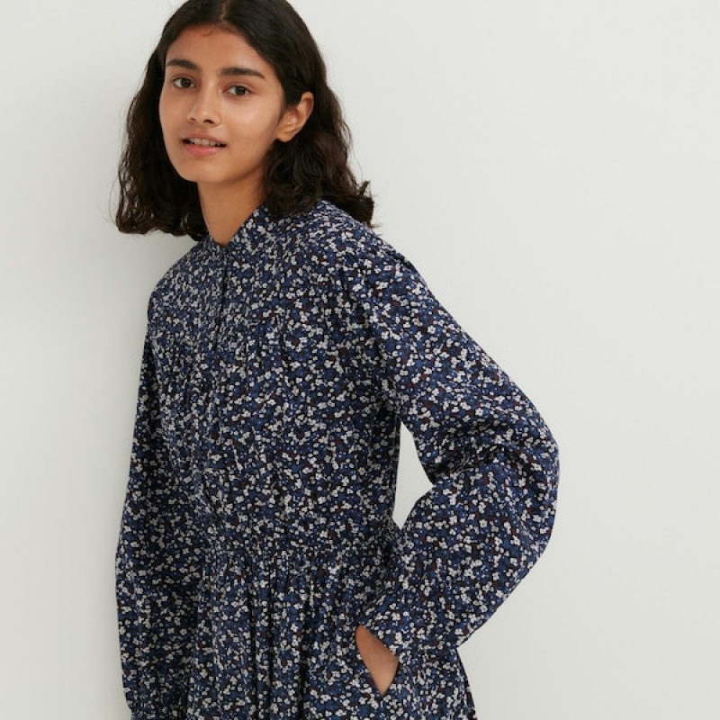 Uniqlo Cotton Twill Printed Volume Sleeve Long Ženske Haljina Plave | 8671-YNPRE