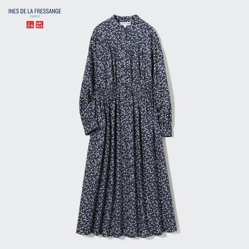 Uniqlo Cotton Twill Printed Volume Sleeve Long Ženske Haljina Plave | 8671-YNPRE