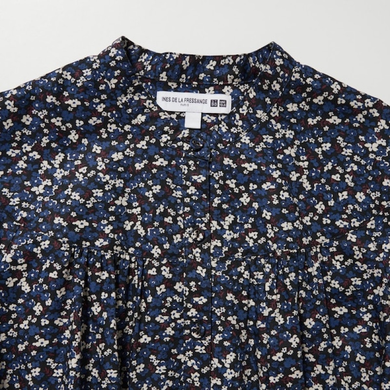 Uniqlo Cotton Twill Printed Volume Sleeve Long Ženske Haljina Plave | 8671-YNPRE