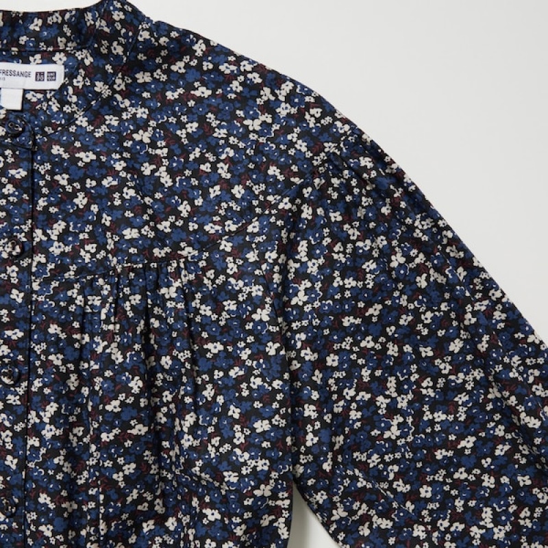 Uniqlo Cotton Twill Printed Volume Sleeve Long Ženske Haljina Plave | 8671-YNPRE