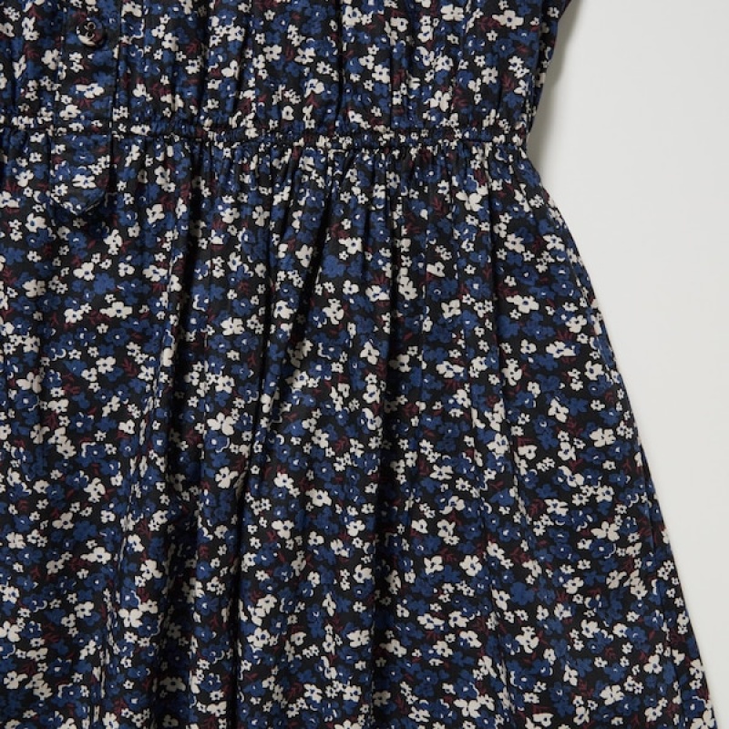 Uniqlo Cotton Twill Printed Volume Sleeve Long Ženske Haljina Plave | 8671-YNPRE