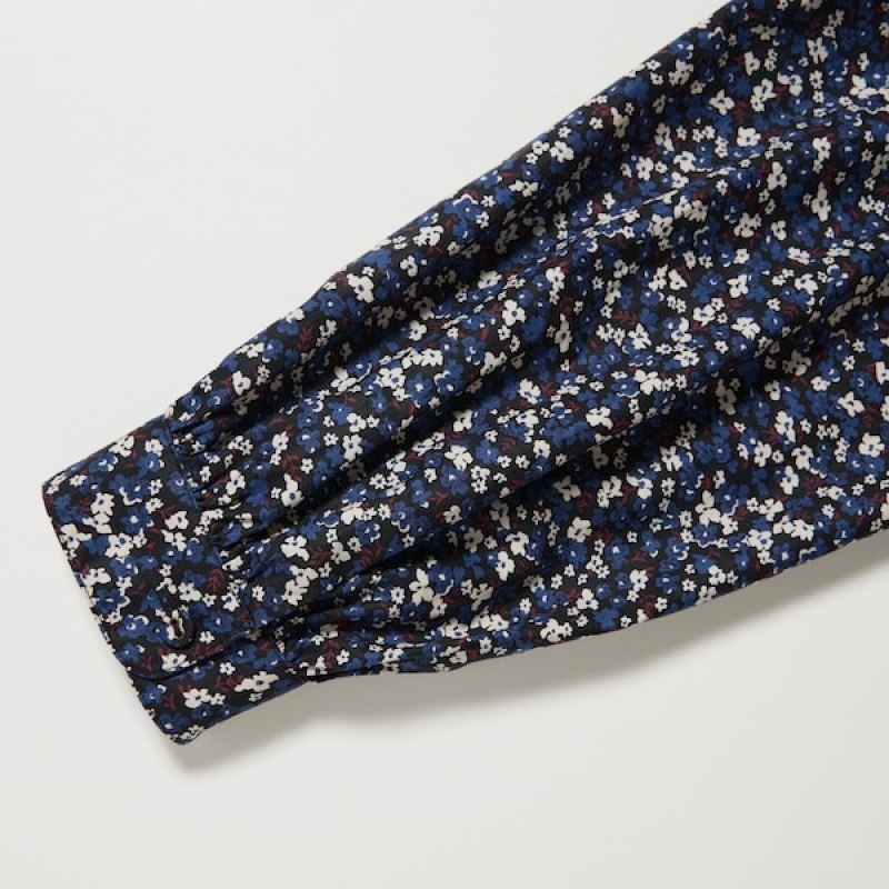 Uniqlo Cotton Twill Printed Volume Sleeve Long Ženske Haljina Plave | 8671-YNPRE