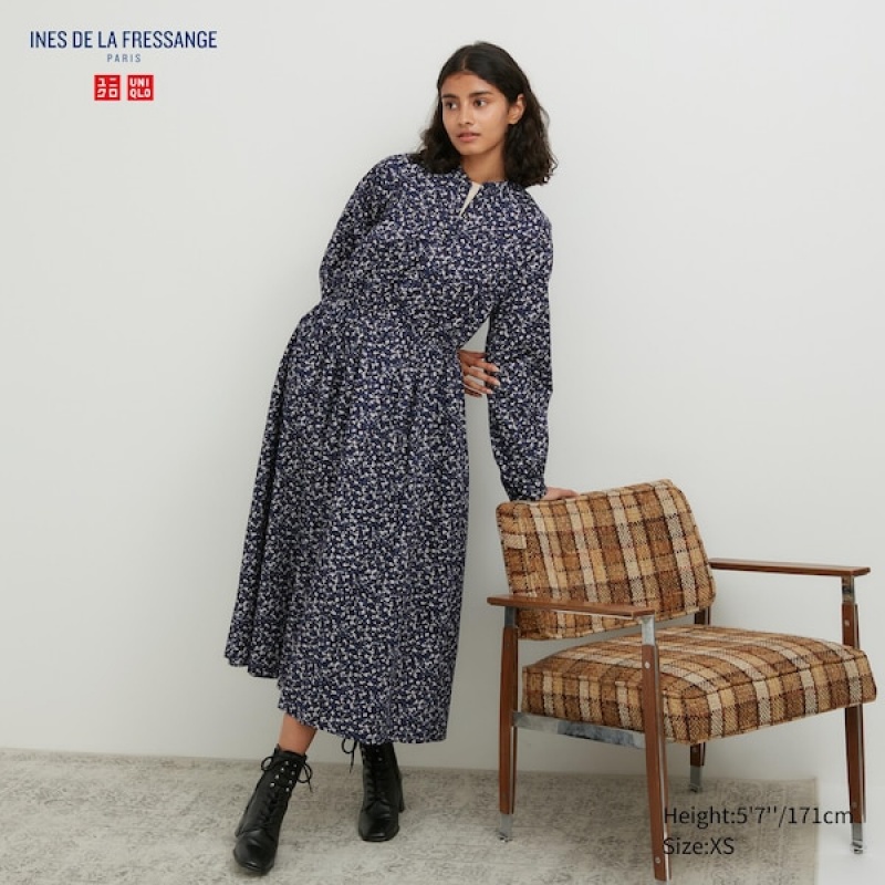 Uniqlo Cotton Twill Printed Volume Sleeve Long Ženske Haljina Plave | 8671-YNPRE