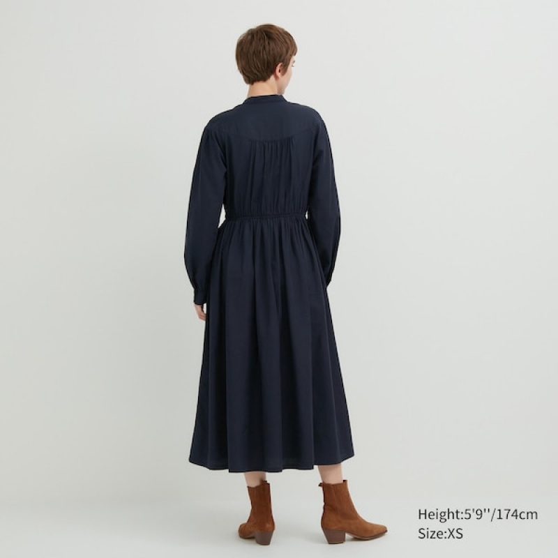 Uniqlo Cotton Twill Volume Sleeve Long Ženske Haljina Tamnoplave | 0958-BIMTV