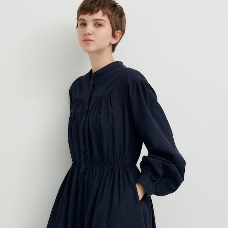 Uniqlo Cotton Twill Volume Sleeve Long Ženske Haljina Tamnoplave | 0958-BIMTV