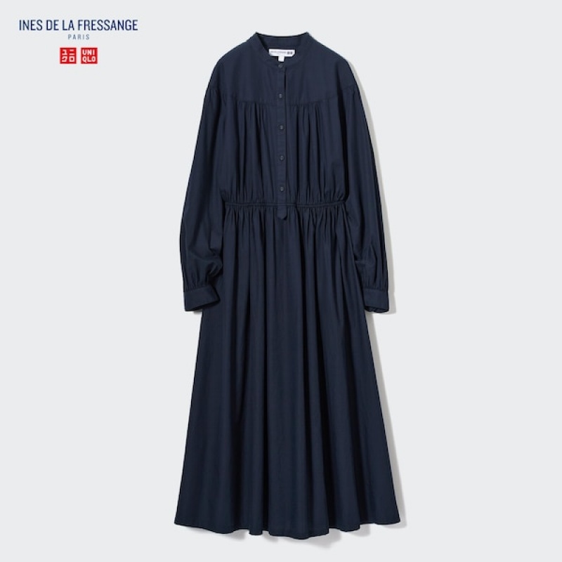 Uniqlo Cotton Twill Volume Sleeve Long Ženske Haljina Tamnoplave | 0958-BIMTV